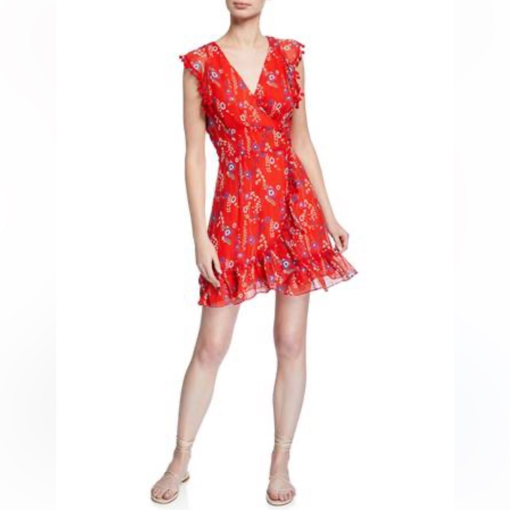 Allison New York Red Floral Flutter Tassel Sleeve Wrap Mini Dress Size XS